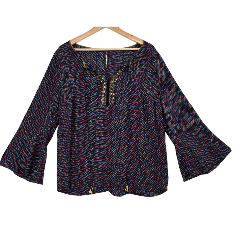 Plenty by Tracy Reese Womens L Tribal Print Bell Sleeve Blouse
